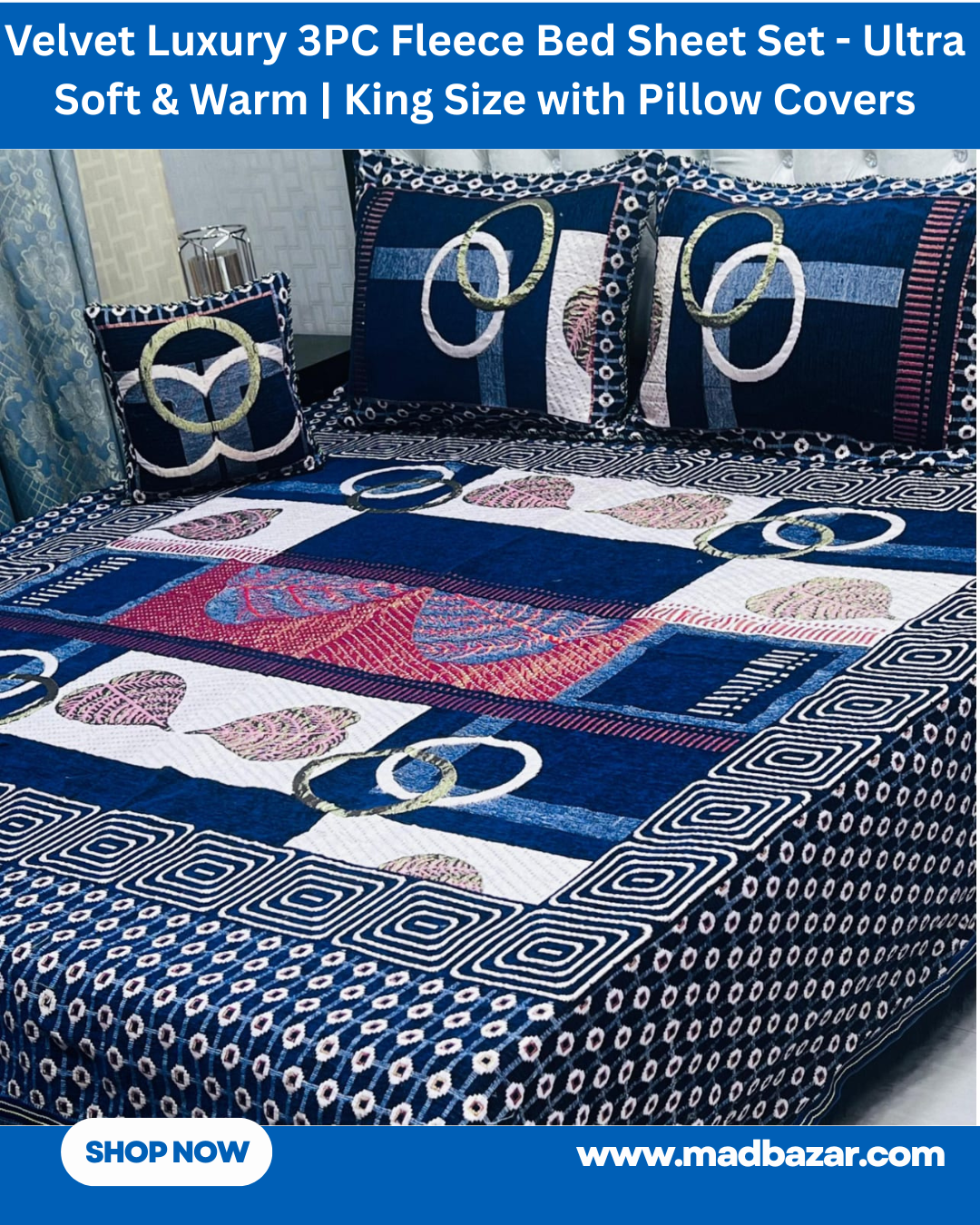 Navy Blue, White & Red Velvet 3PC Fleece Bed Sheet Set | King Size with Pillow Covers