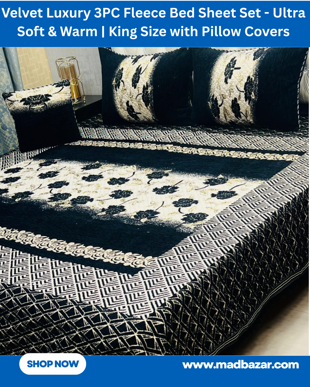 Black and White velvet Luxury 3PC Fleece Bed Sheet Set – Ultra Soft & Warm