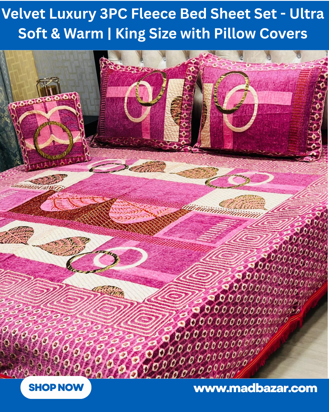 Pink, Brown & White velvet Luxury 3PC Fleece Bed Sheet Set – Ultra Soft King Size Bedding