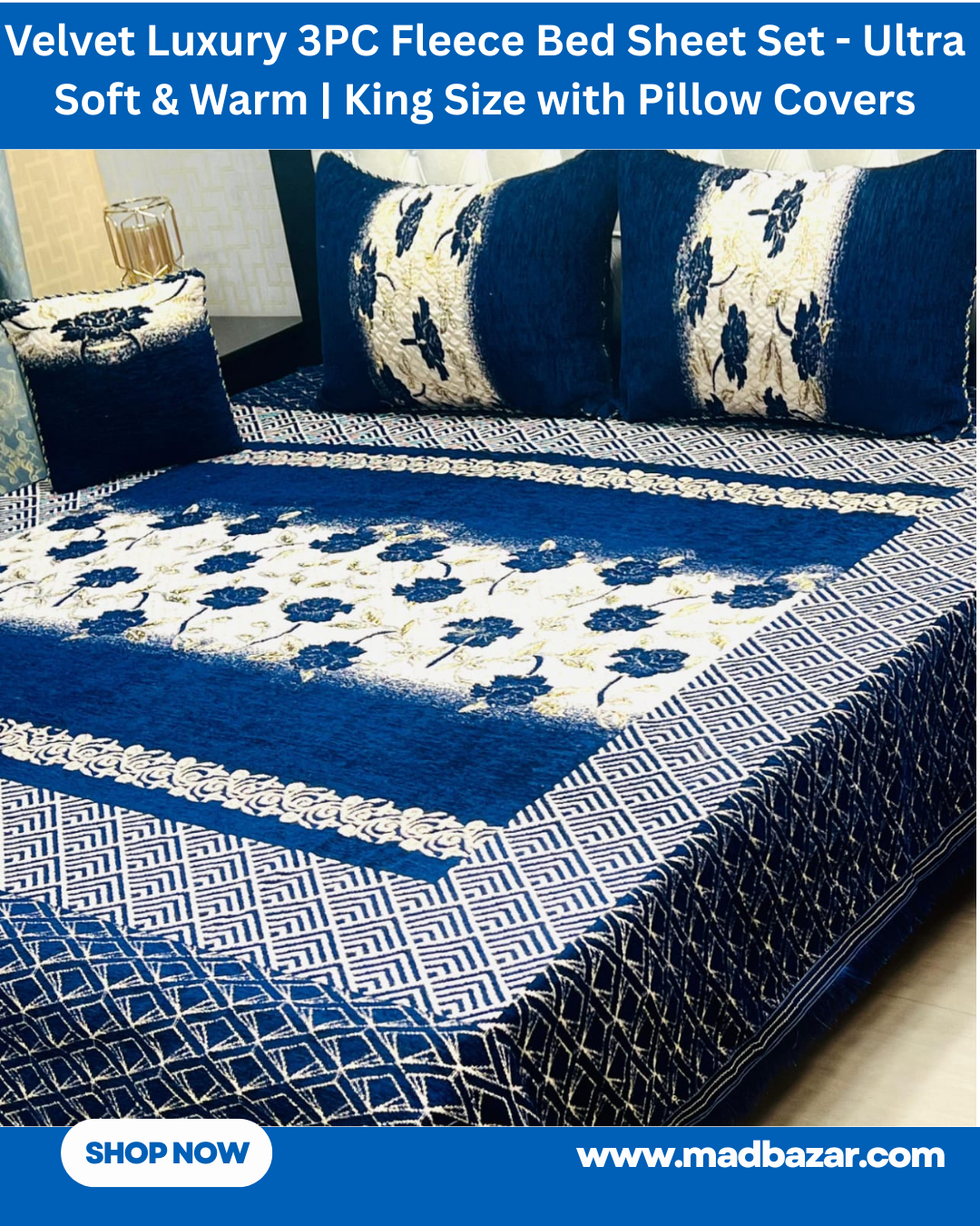 Blue and White Velvet Luxury 3PC Fleece Bed Sheet Set – Ultra Soft & Warm | King Size with Pillow Covers