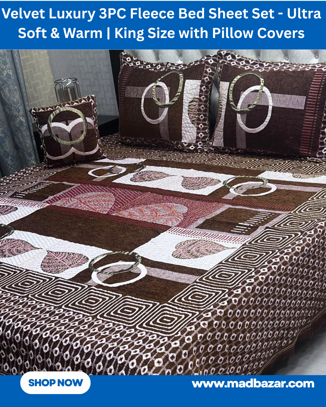 Brown, White & pink Velvet Luxury 3PC Fleece Bed Sheet Set – Ultra Soft & Warm