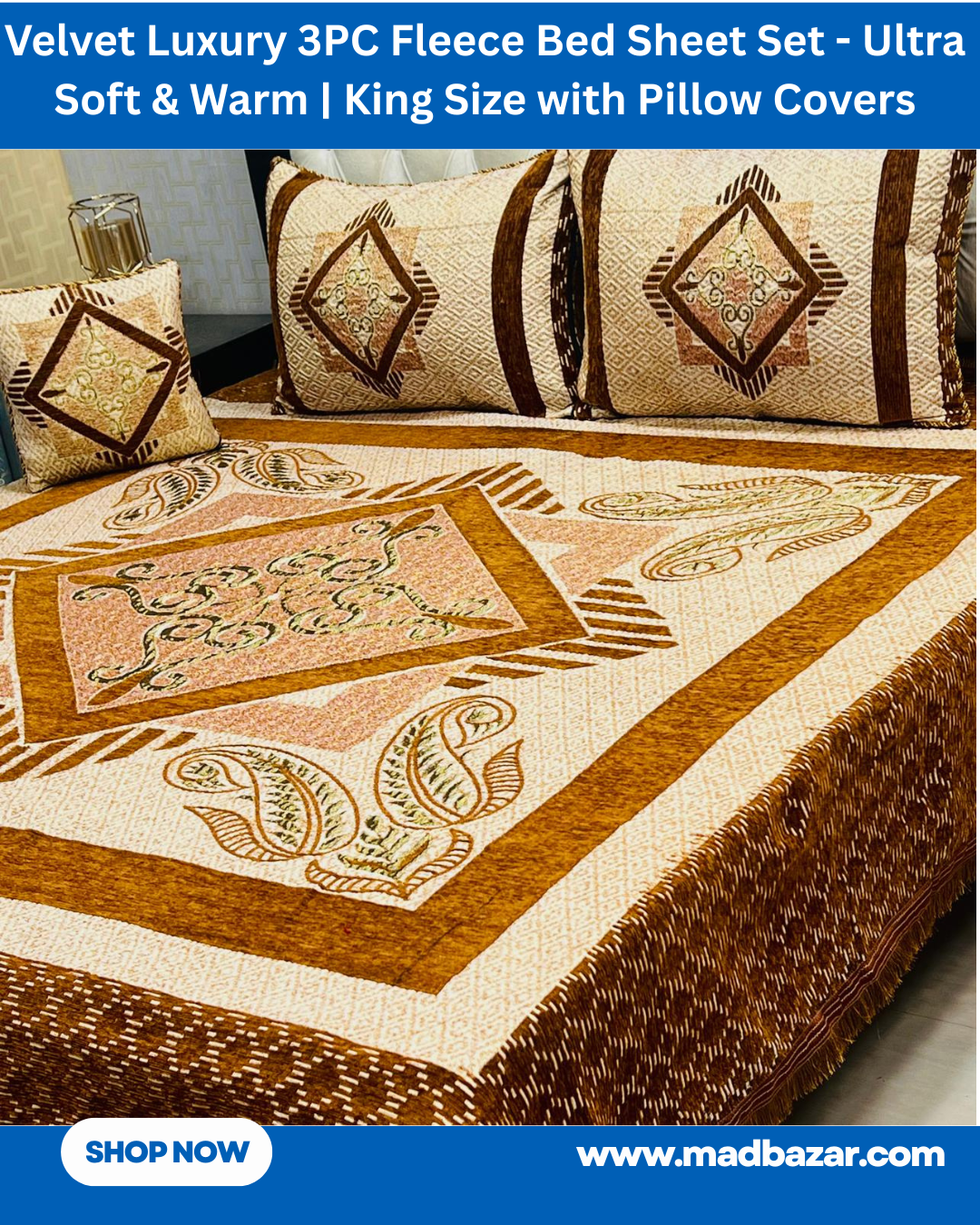 Multi-color (Brown, Cream, Mustad & Baby pink) Velvet Luxury 3PC Fleece Bed Sheet Set