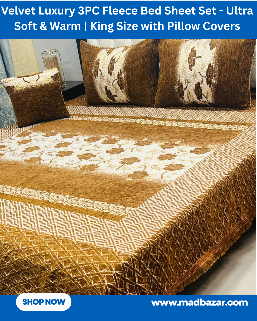 Brown & White Velvet Luxury 3PC Fleece Bed Sheet Set – Ultra Soft & Warm