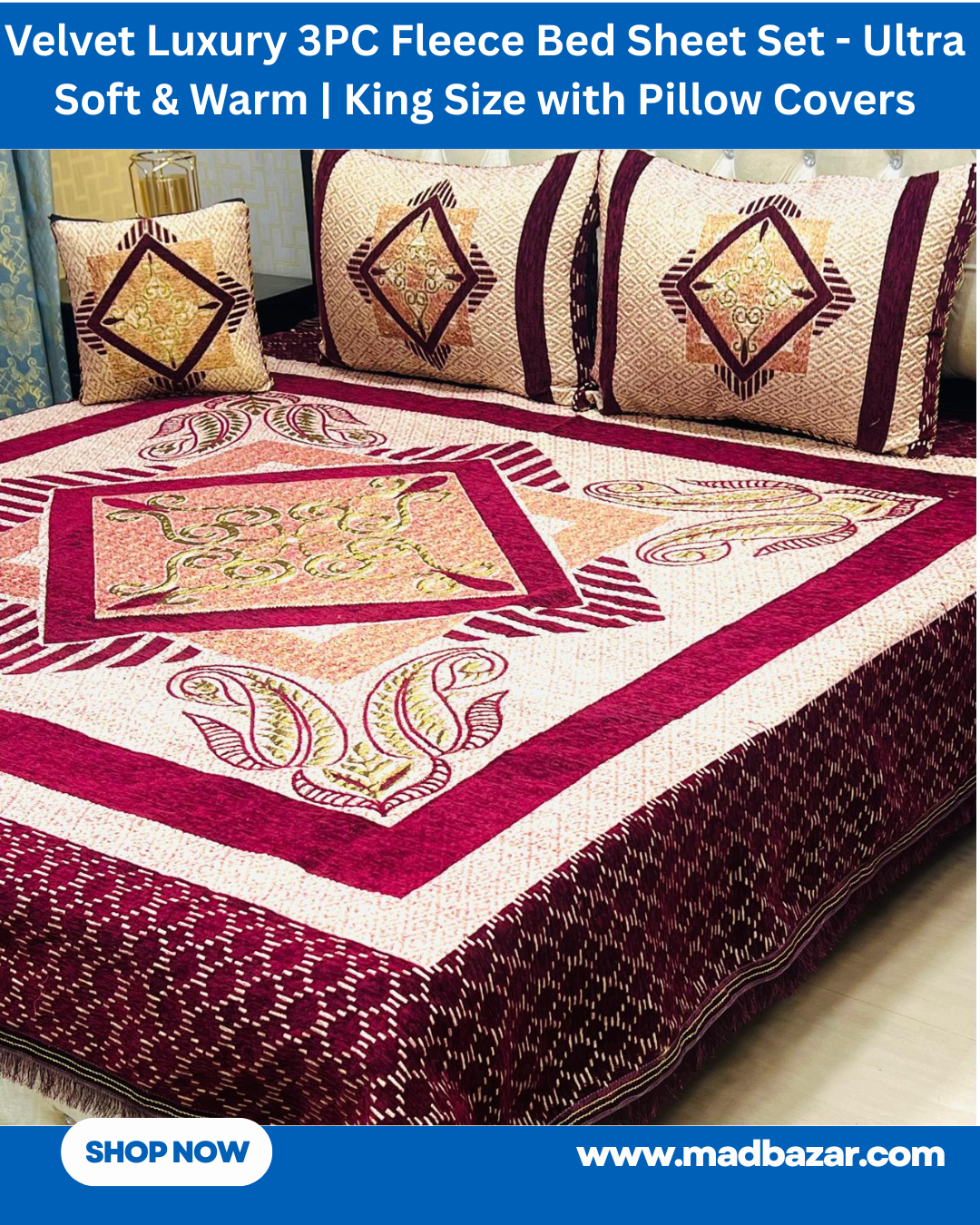 Velvet Luxury 3PC Fleece Bed Sheet Set – Multi color (Shocking Pink, Dark Brown, Cream & light Brown)