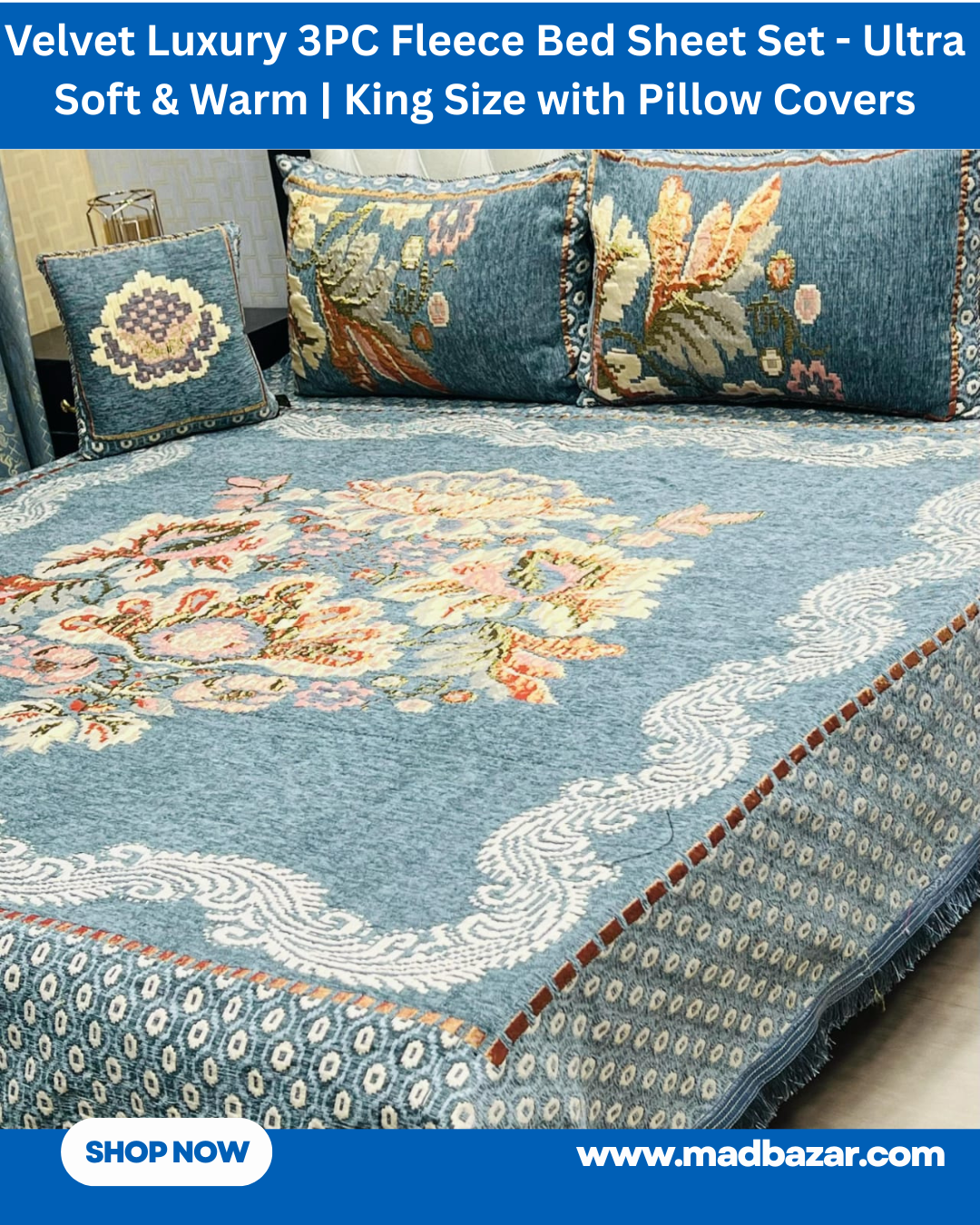 Sky blue, White & Orange Velvet Luxury 3PC Fleece Bed Sheet Set