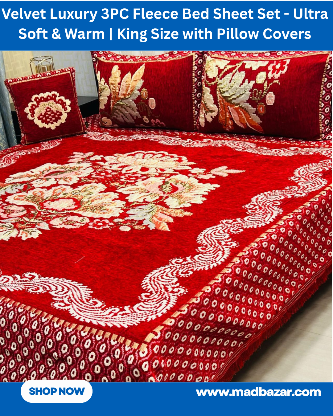 Red & Cream Velvet Luxury 3PC Fleece Bed Sheet Set – Ultra Soft & Warm