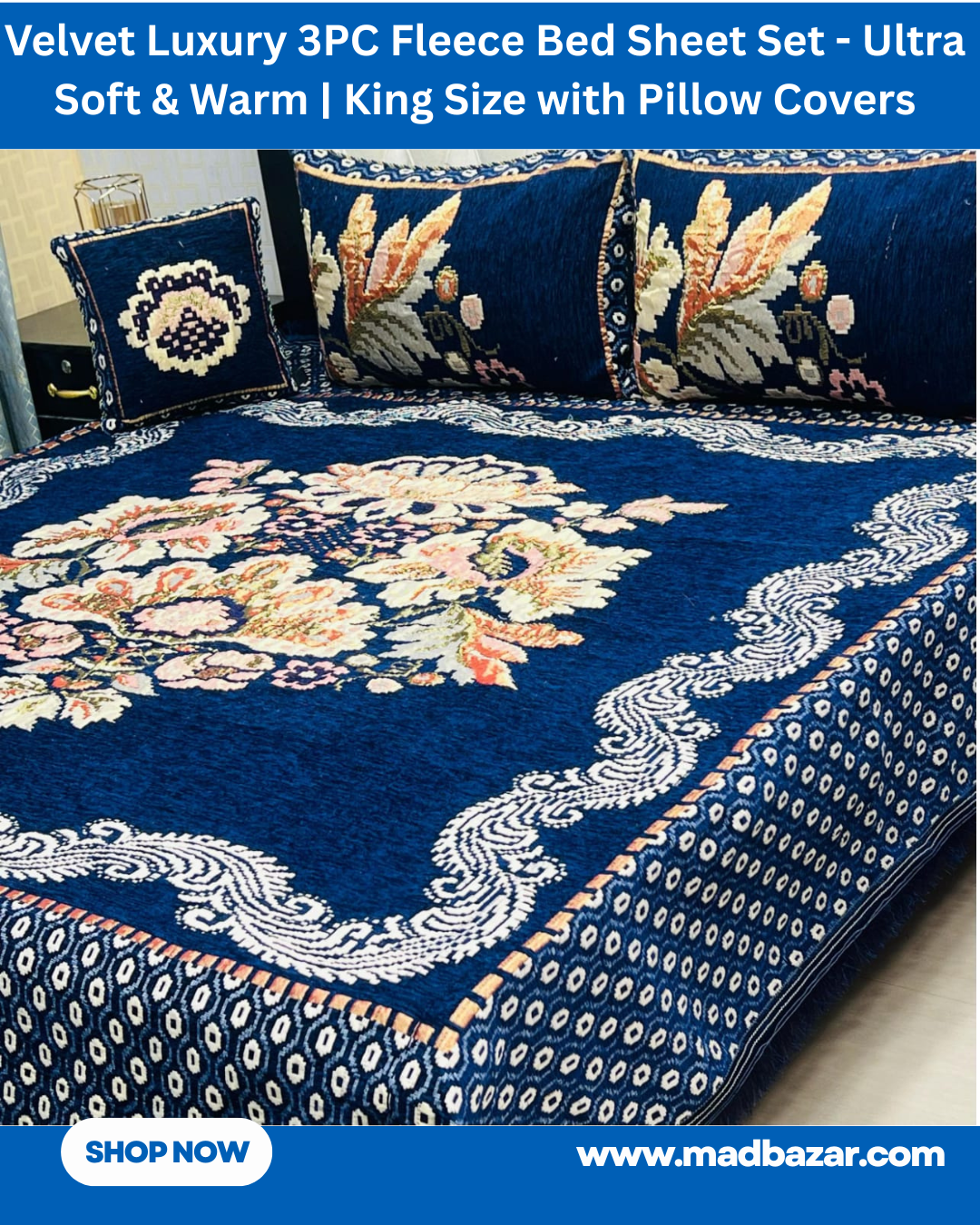 Blue, Cream & Orange Velvet Luxury 3PC Fleece Bed Sheet Set