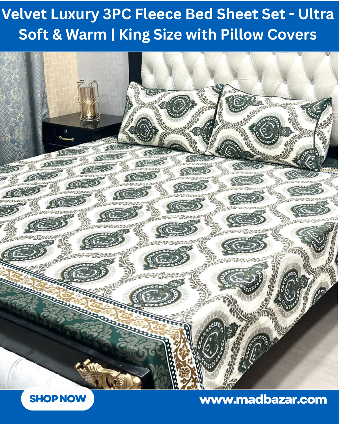 White & Grey Velvet Luxury 3PC Fleece Bed Sheet Set – Ultra Soft & Warm | King Size with Pillow Covers