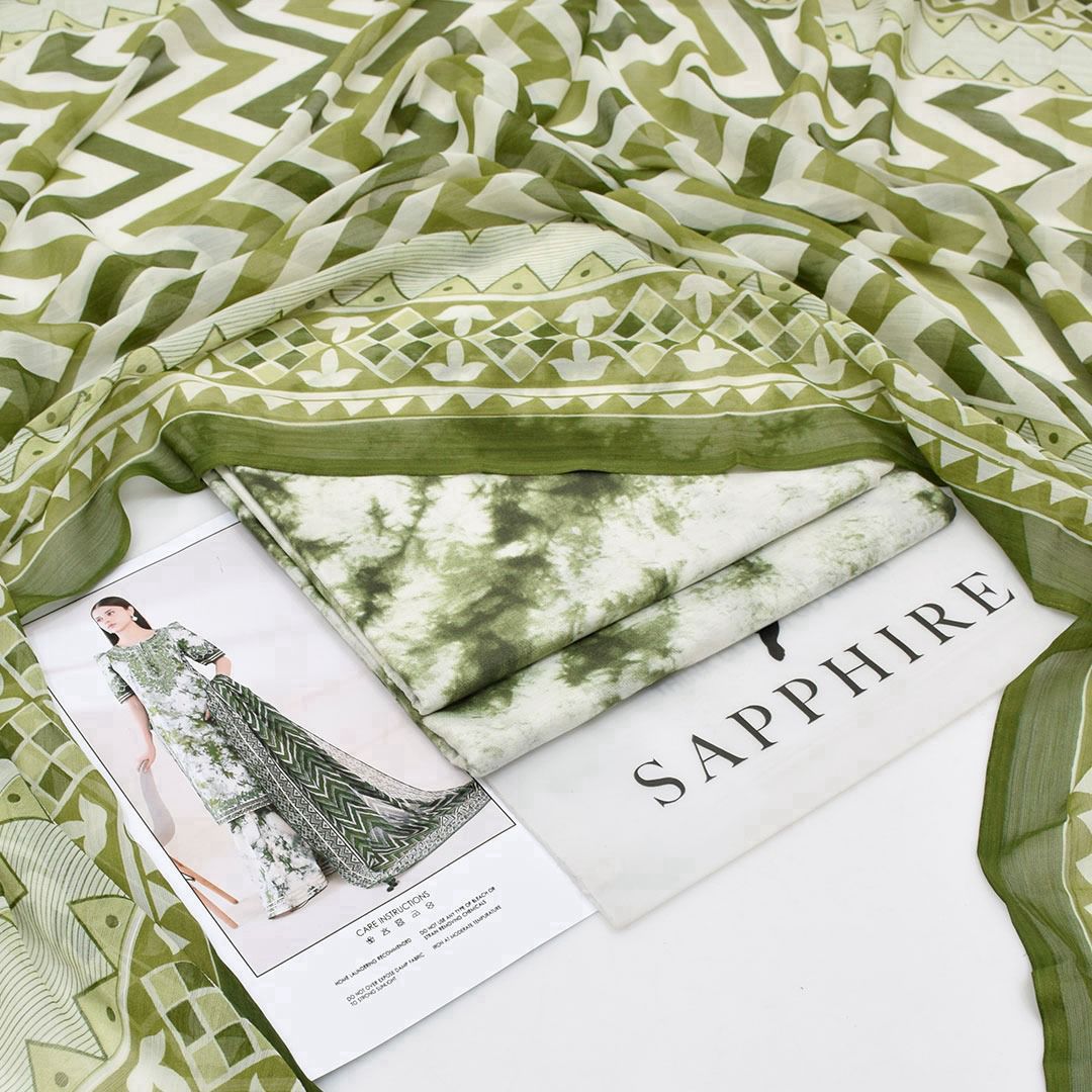 White with green texture | Premium Lawn Suit 3pc | Sapphire