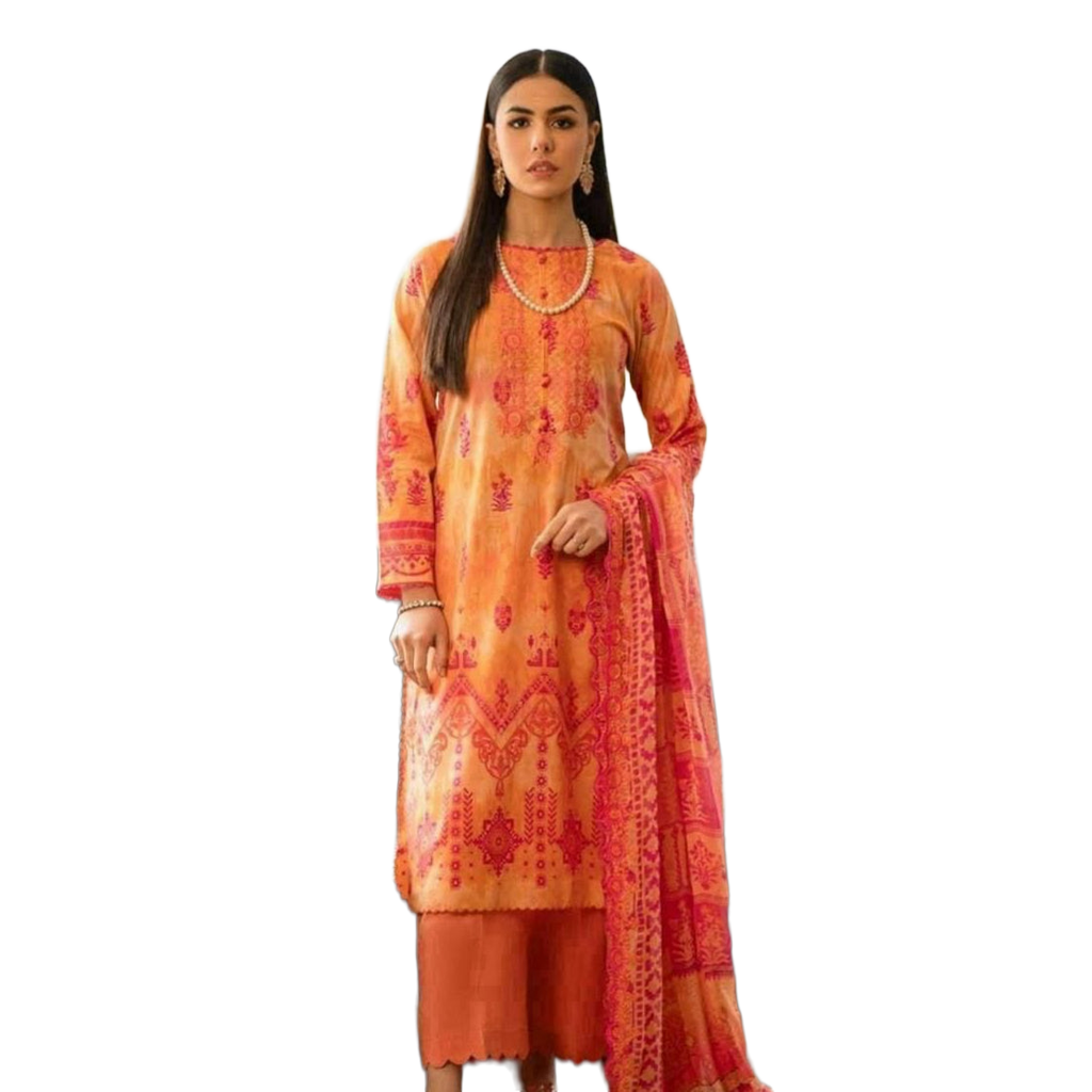 Orange Orient 3-Piece Digital Printed Suit - Timeless Elegance