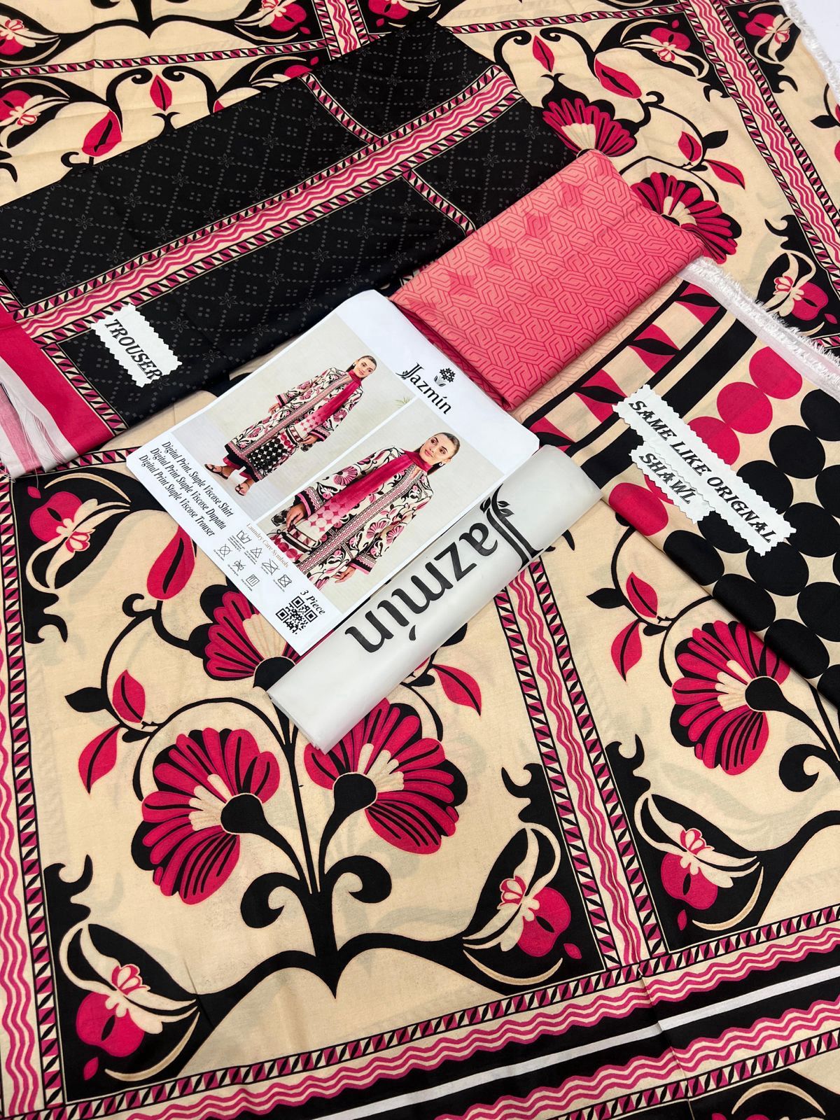 Pink & White Viscose 3-Piece Suit – Winter Collection 2025 | Jazmin