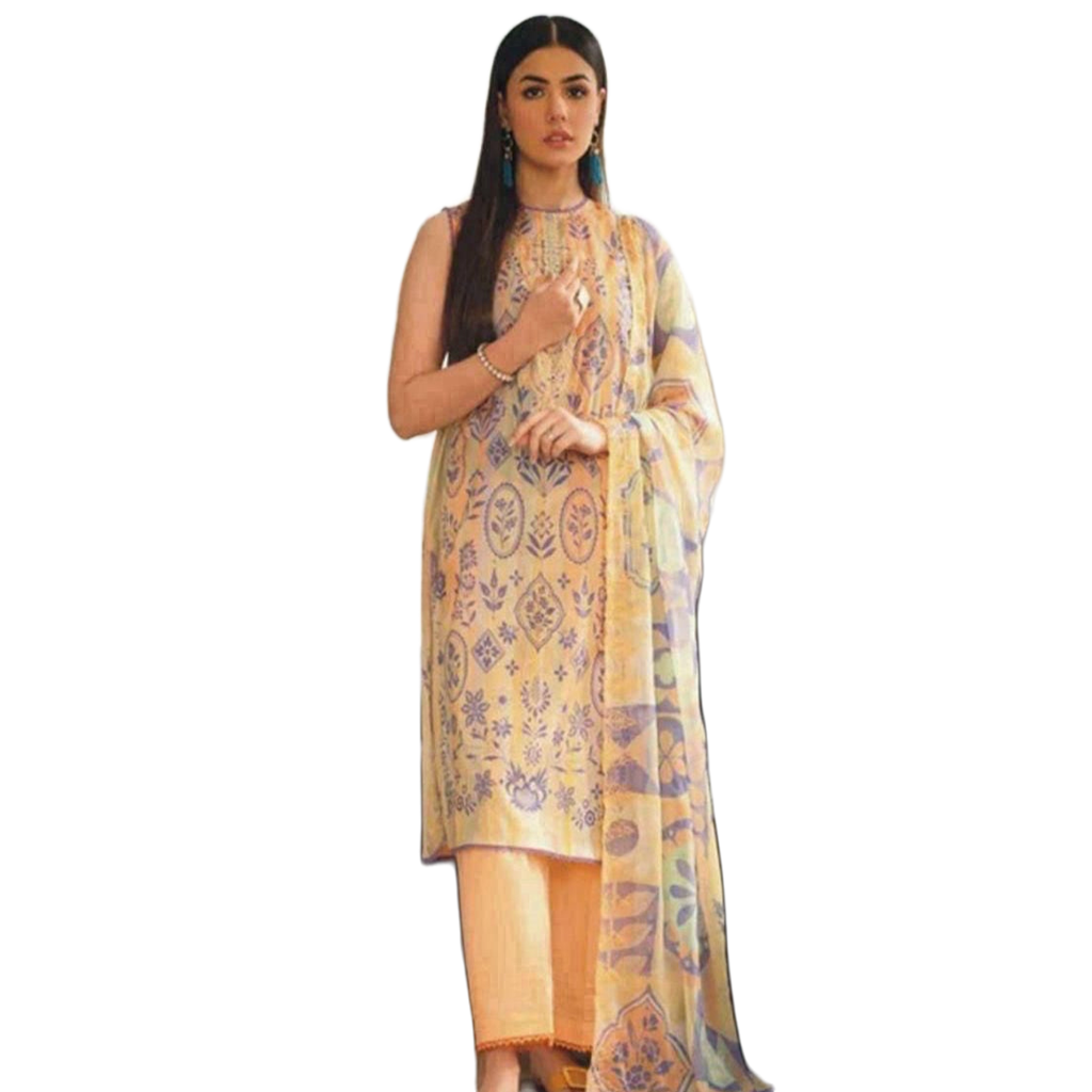 Light Yellow Orient 3-Piece Digital Printed Suit - Timeless Elegance