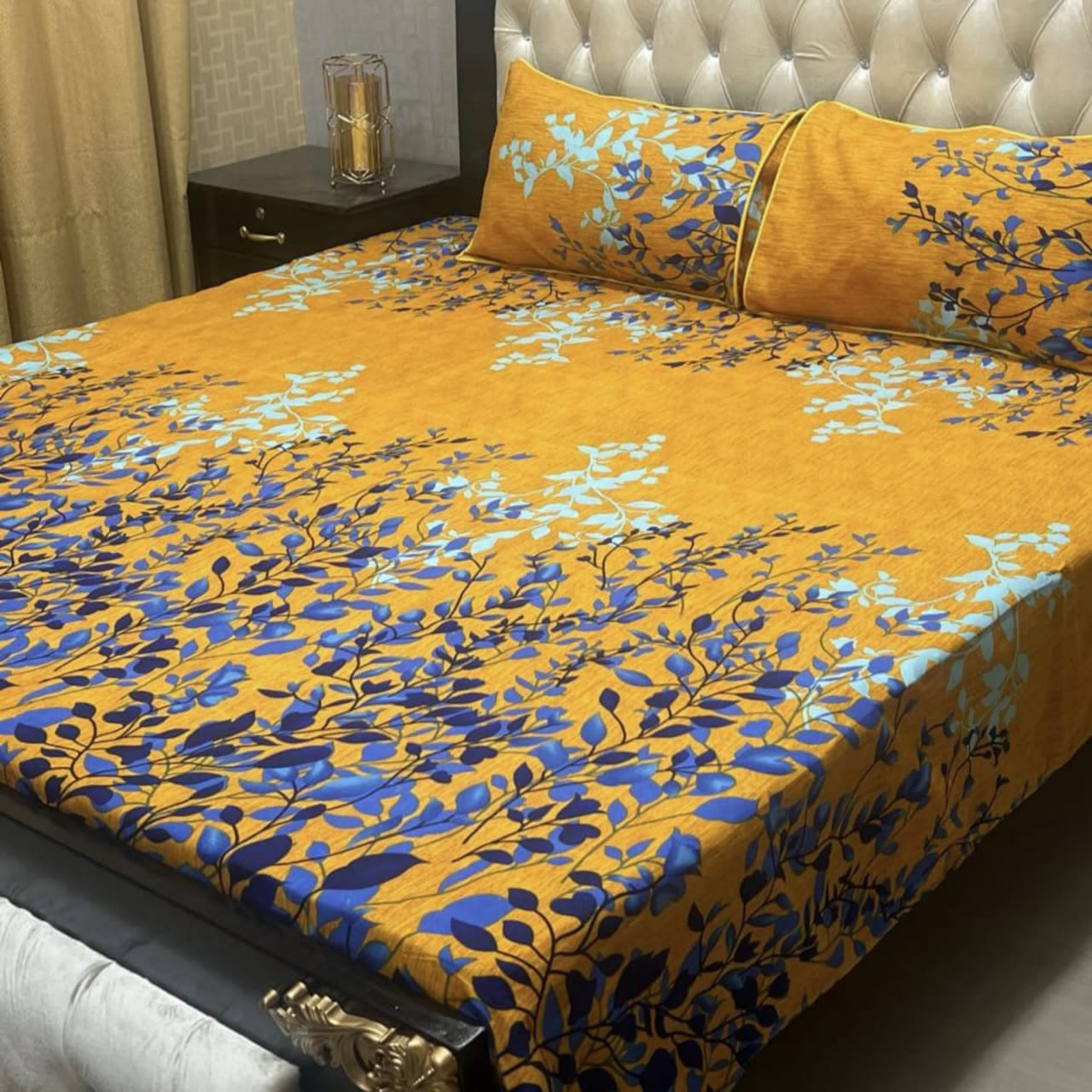 Gull Ahmad Yellow with wite and black desing 1 flat sheet and 2 pillow