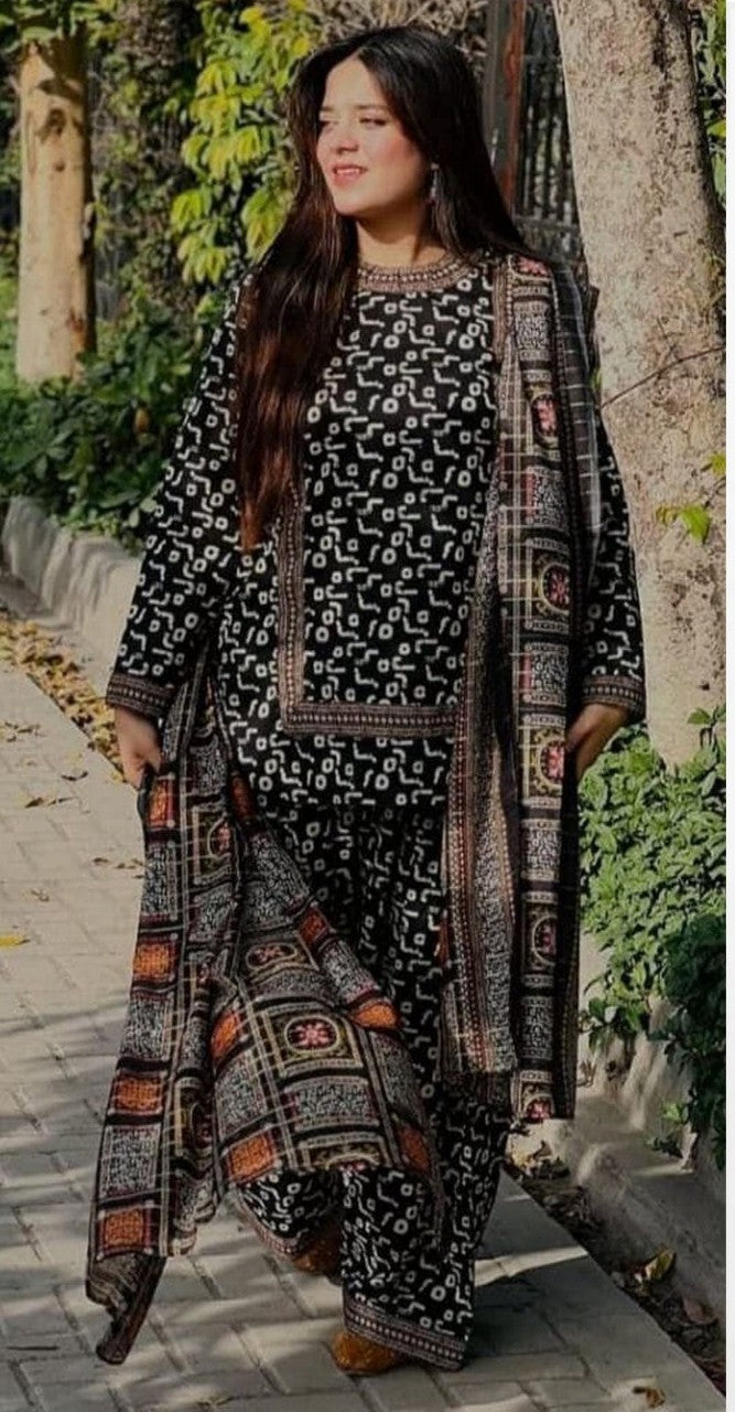 Black printed 3-Piece Khaddar Suit – Bin Saeed | Winter Luxe Collection