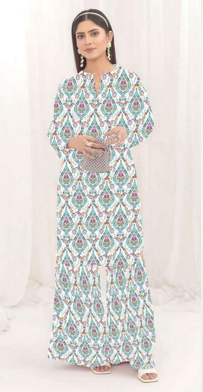 White and sea blue 3-Piece Khaddar Suit – Bin Saeed | Winter Luxe Collection