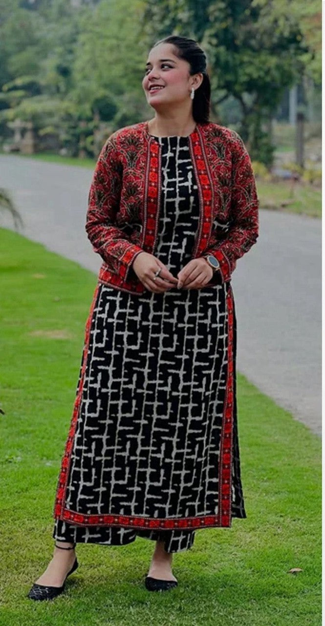 Black with red 3-Piece Khaddar Suit – Bin Saeed | Winter Luxe Collection