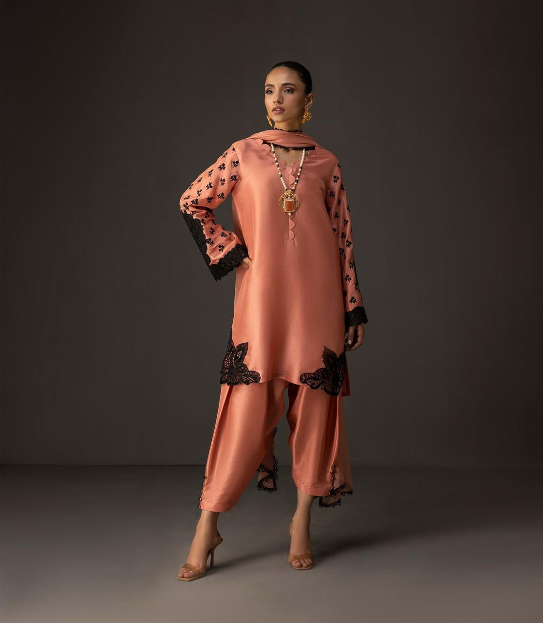 Black with orange Printed 3-Piece Suit – Shamooz Silk Elegance