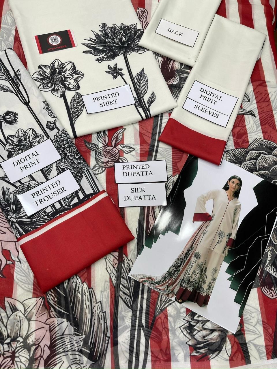 White with Red Printed 3-Piece Suit – Shamooz Silk Elegance