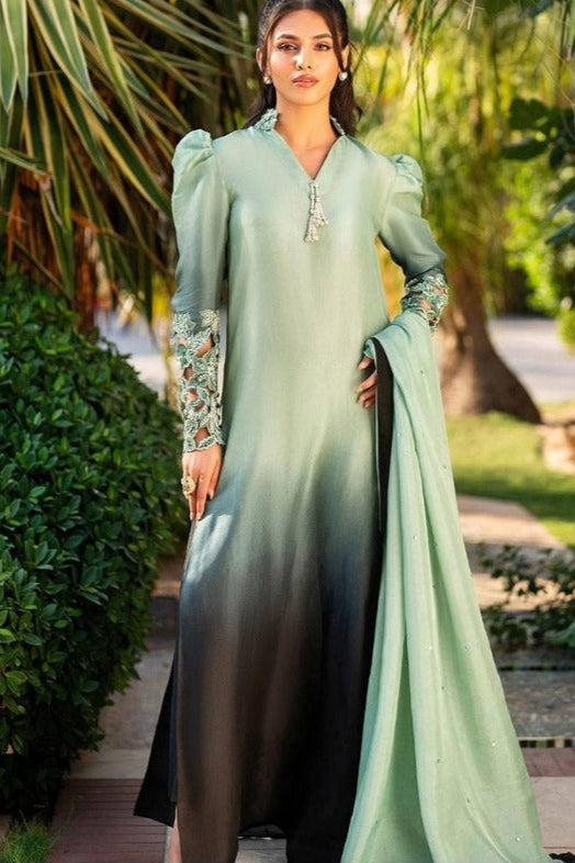 Sea green Tie & Dye Printed 3-Piece Suit – Shamooz Silk Elegance