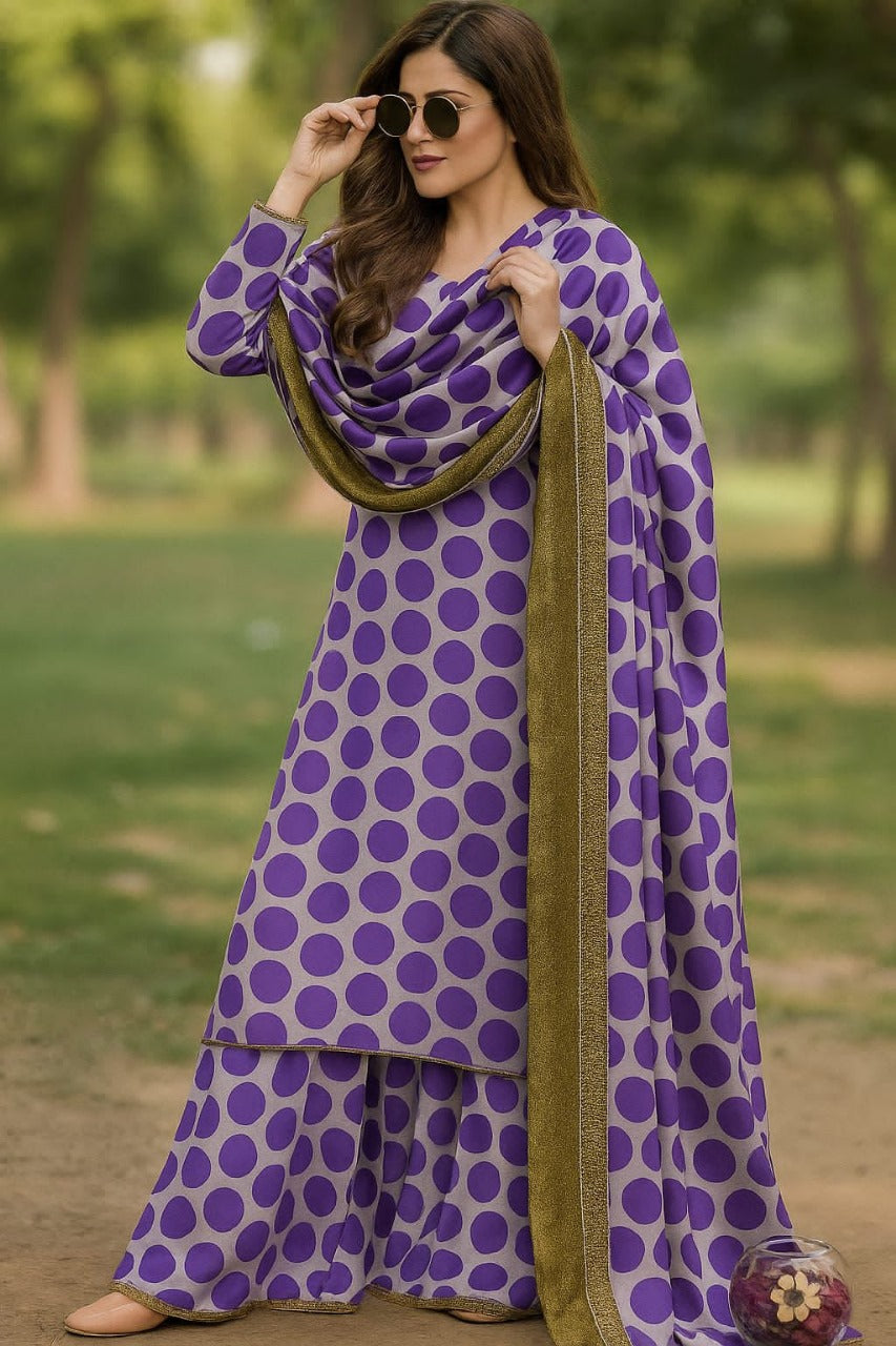 Purple Printed 3-Piece Suit – Shamooz Silk Elegance