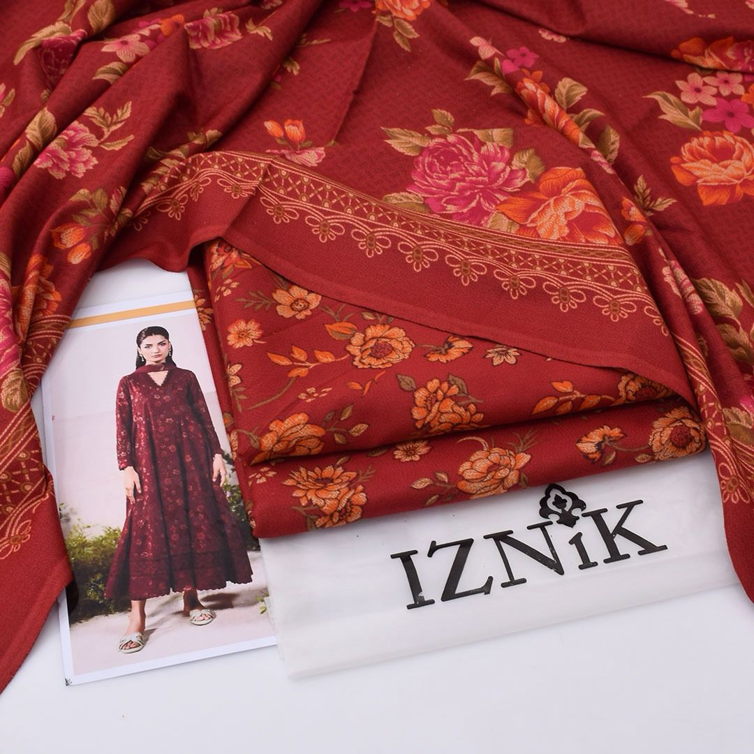 Maroon IZNiK Dhanak 3-Piece Suit | Winter Collection