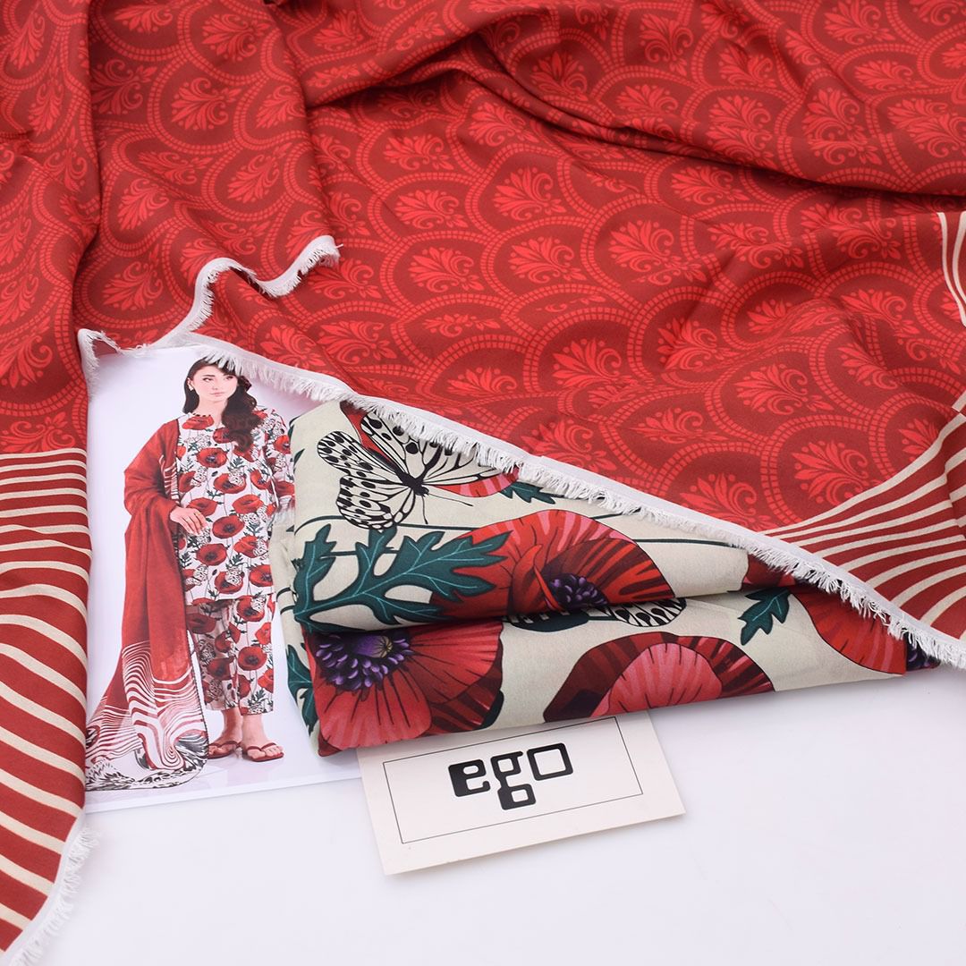 Ego Red Floral 3-Piece Unstitched Suit – Premium Printed Collection