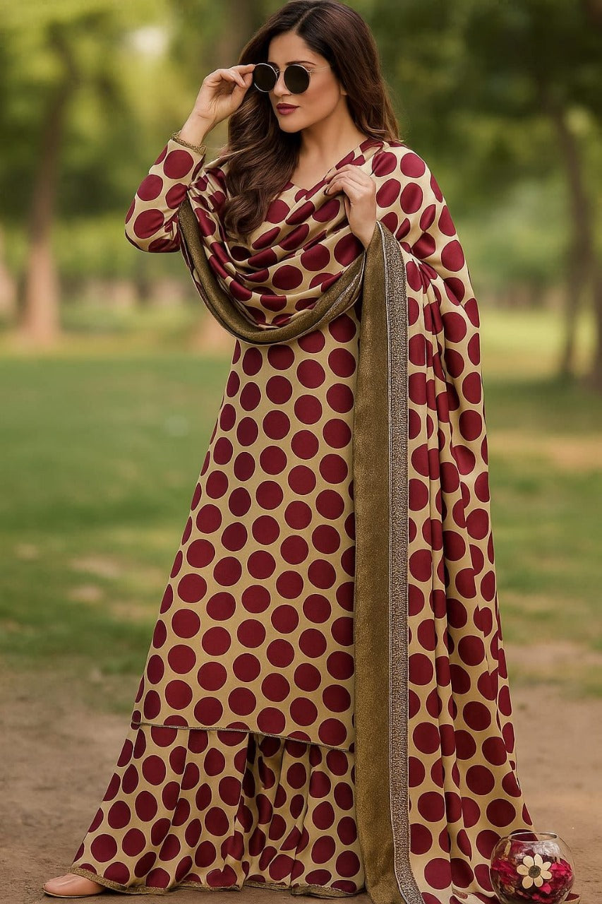 Beige with Maroon Tie & Dye Digital Printed 3-Piece Suit – Shamooz Silk Elegance