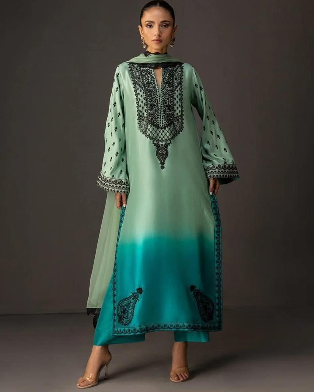Sea Green Tie & Dye Digital Printed 3-Piece Suit – Shamooz Silk Elegance