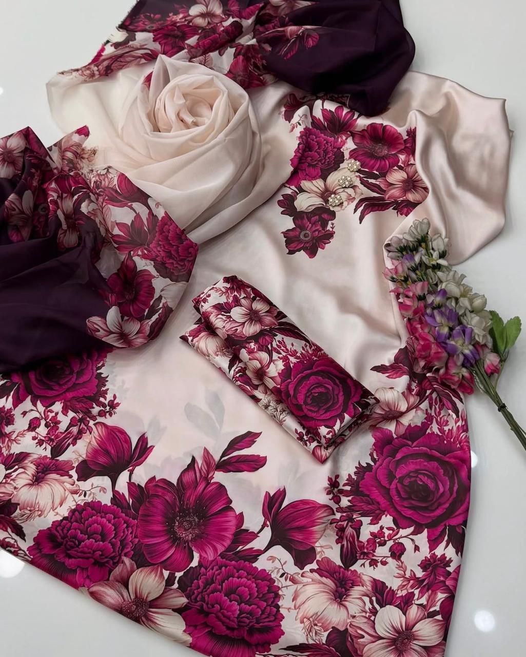 Dark pink with beige Printed 3-Piece Suit – Shamooz Silk Elegance
