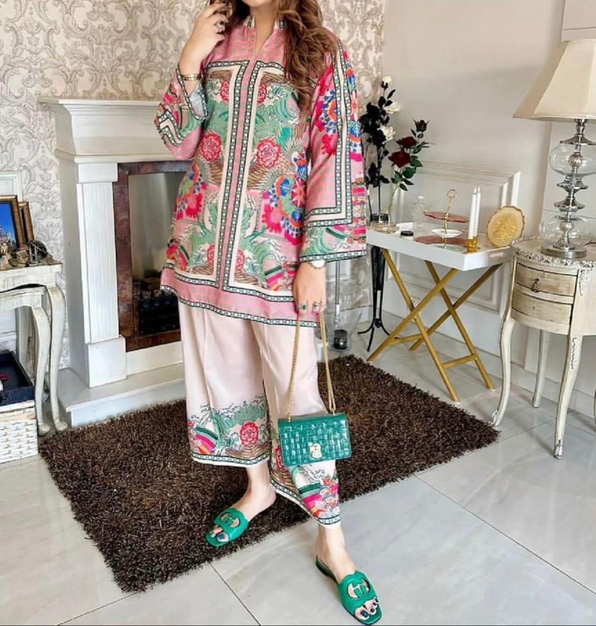 Light pink Digital Printed 3PC Shamooz Silk Set