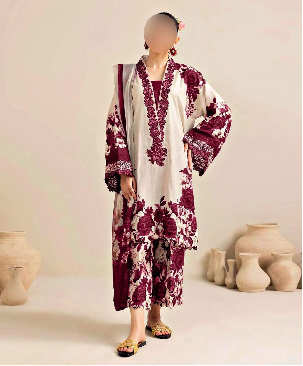 Dark purple Printed 3-Piece Suit – Shamooz Silk Elegance