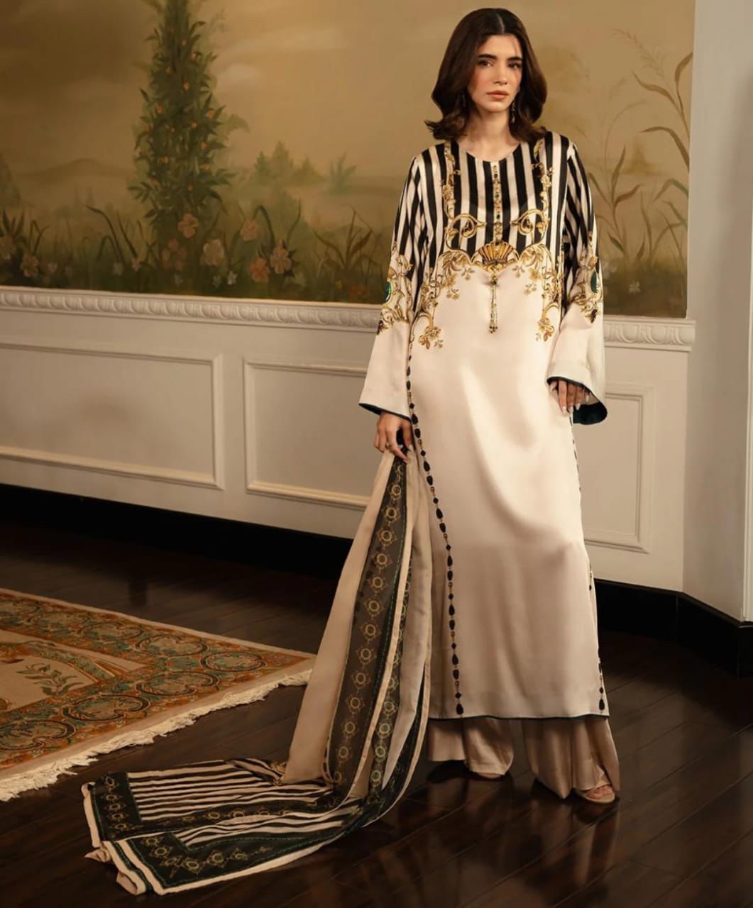 Beige Digital Printed 3PC Shamooz Silk Set