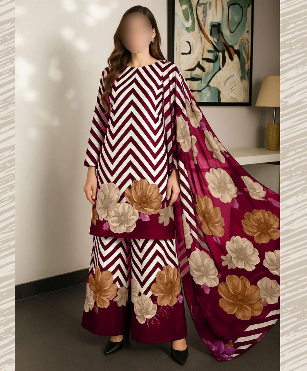 White with Maroon Digital Printed 3PC Shamooz Silk Set