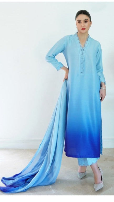 Sky blue Tie & Dye Digital Printed 3PC Shamooz Silk Set