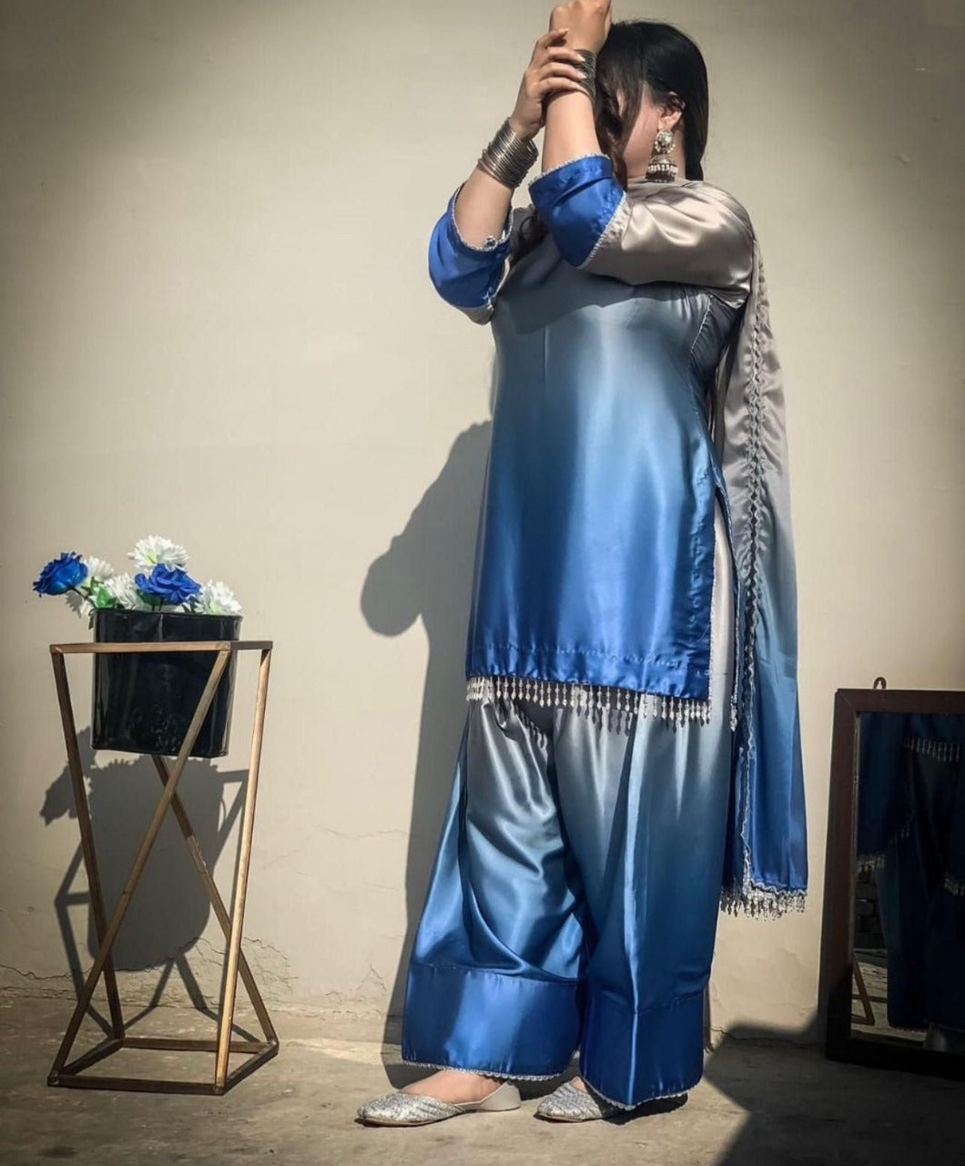 Blue with Grey Tie & Dye Digital Printed 3PC Shamooz Silk Set