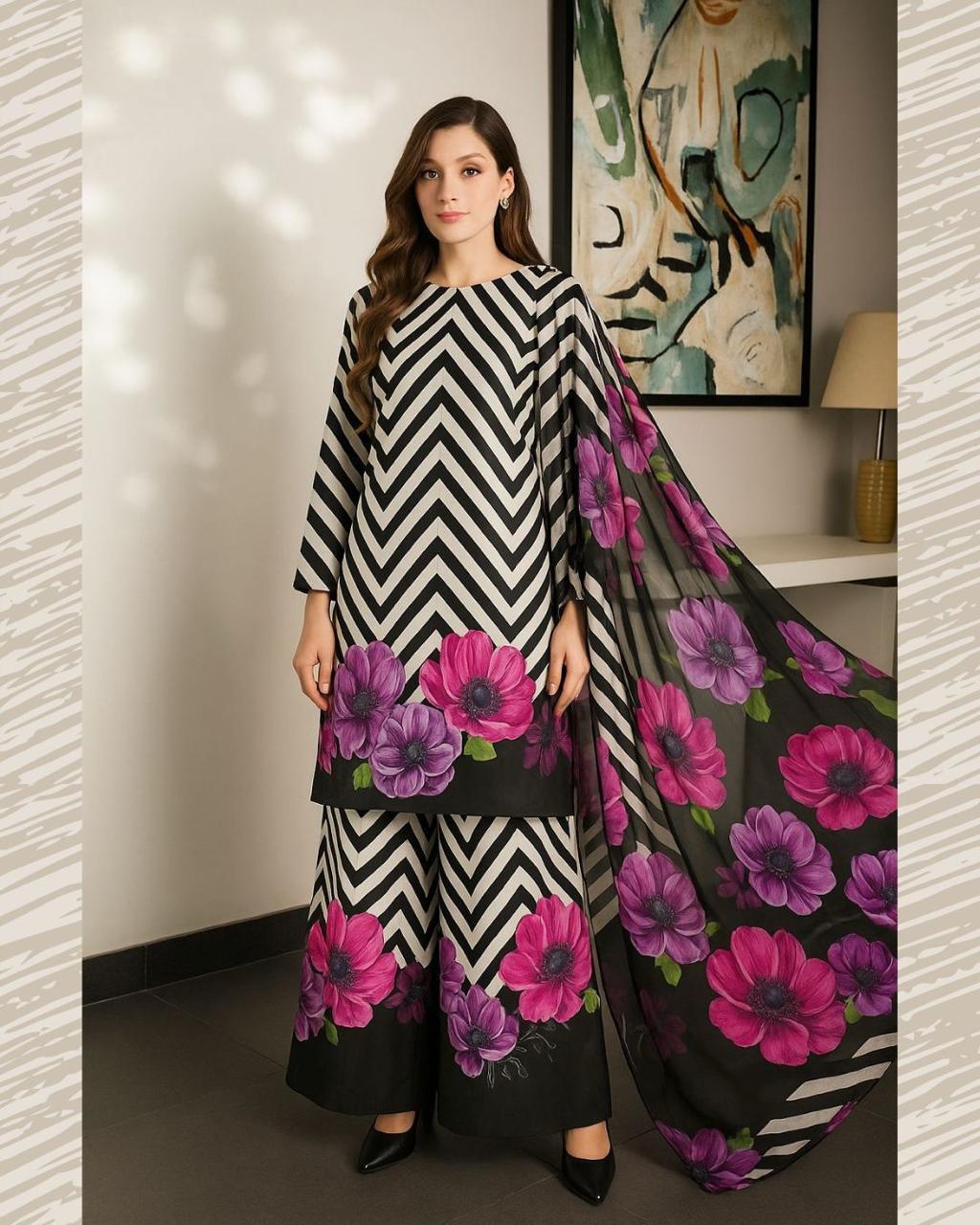 white black Digital Printed 3PC Shamooz Silk Set