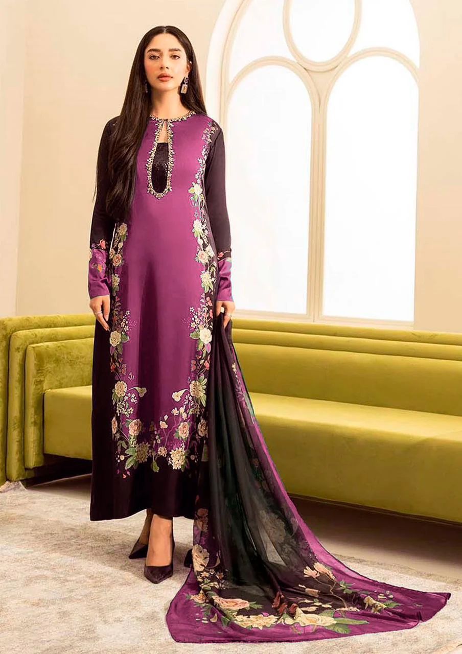 Purple Digital Printed 3PC Shamooz Silk Set