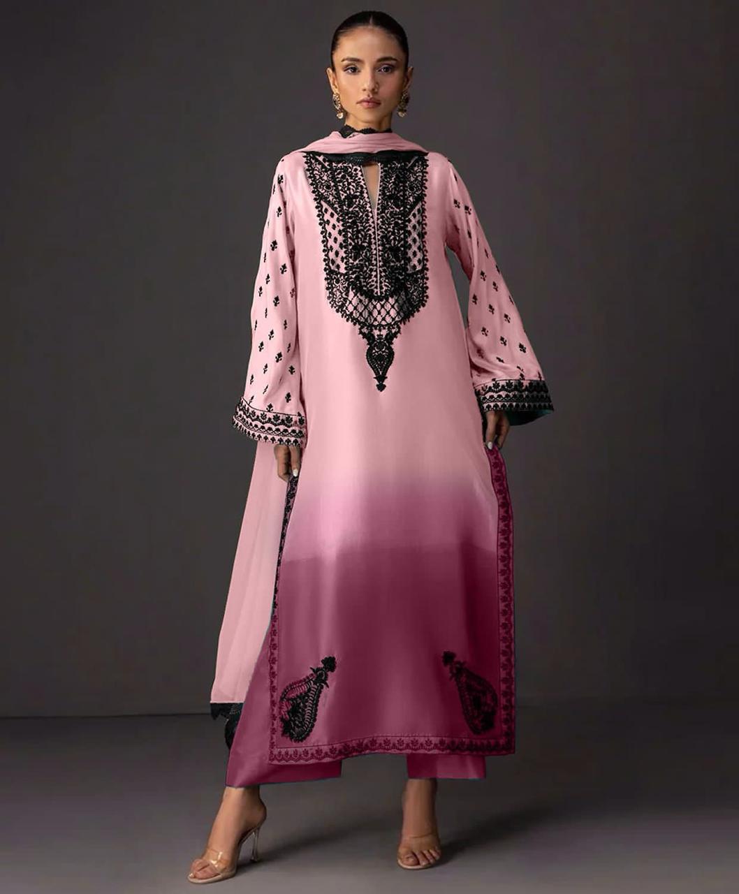 Pink Tie & Dye Digital Printed 3PC Shamooz Silk Set