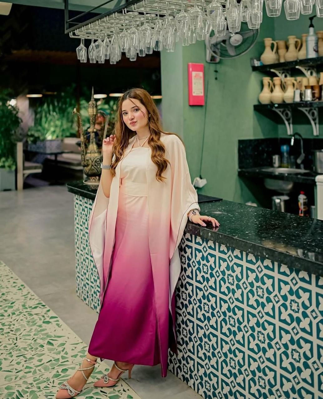 Beige with pink Tie & Dye Digital Printed 3PC Shamooz Silk Set