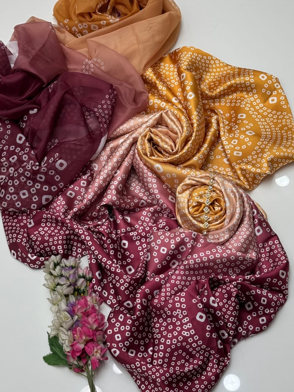 Maroon with Gold Tie & Dye Digital Printed 3PC Shamooz Silk Set