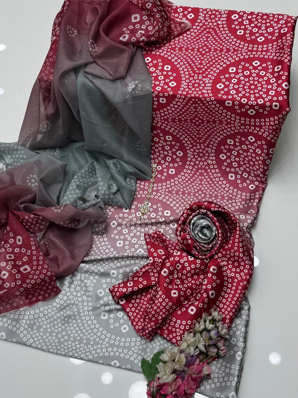 Red Tie & Dye Digital Printed 3PC Shamooz Silk Set