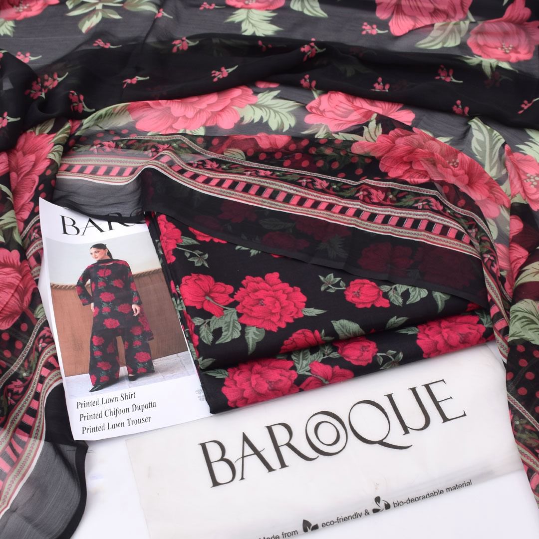 Black and pink Baroque Premium Lawn Suit 3pc