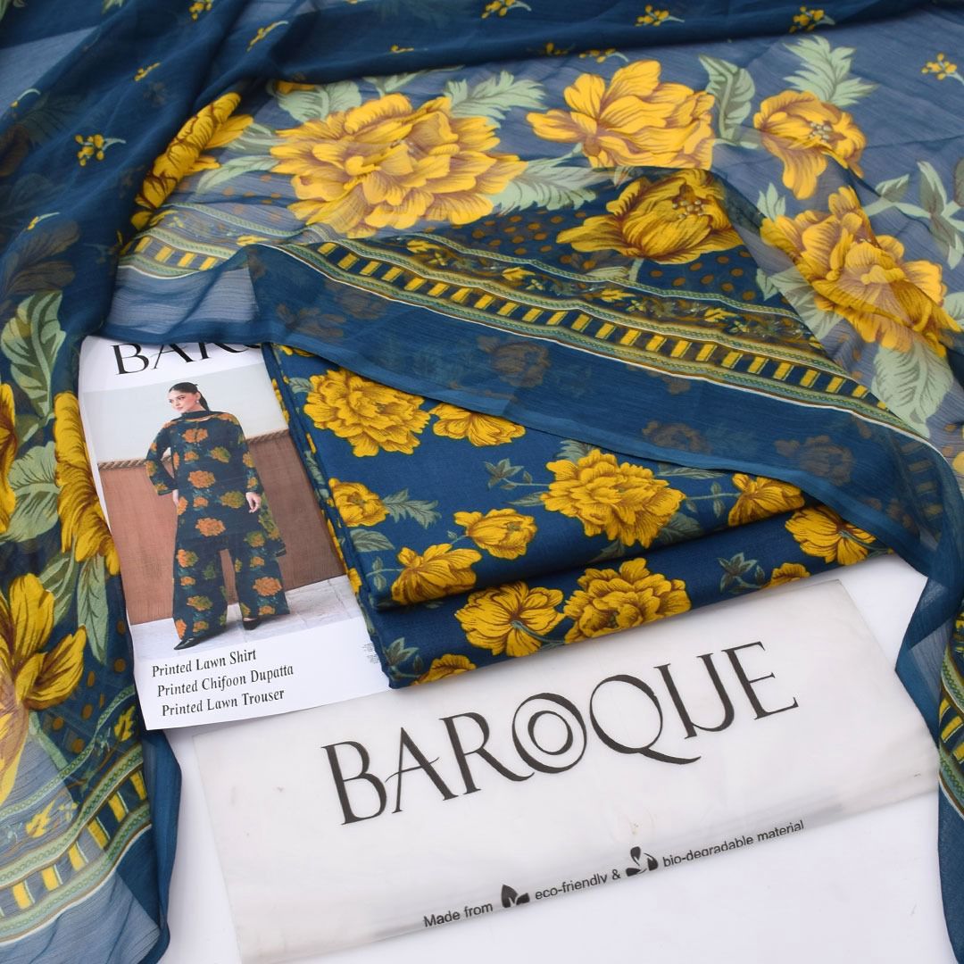 Dark blue and yellow Baroque Premium Lawn Suit 3pc