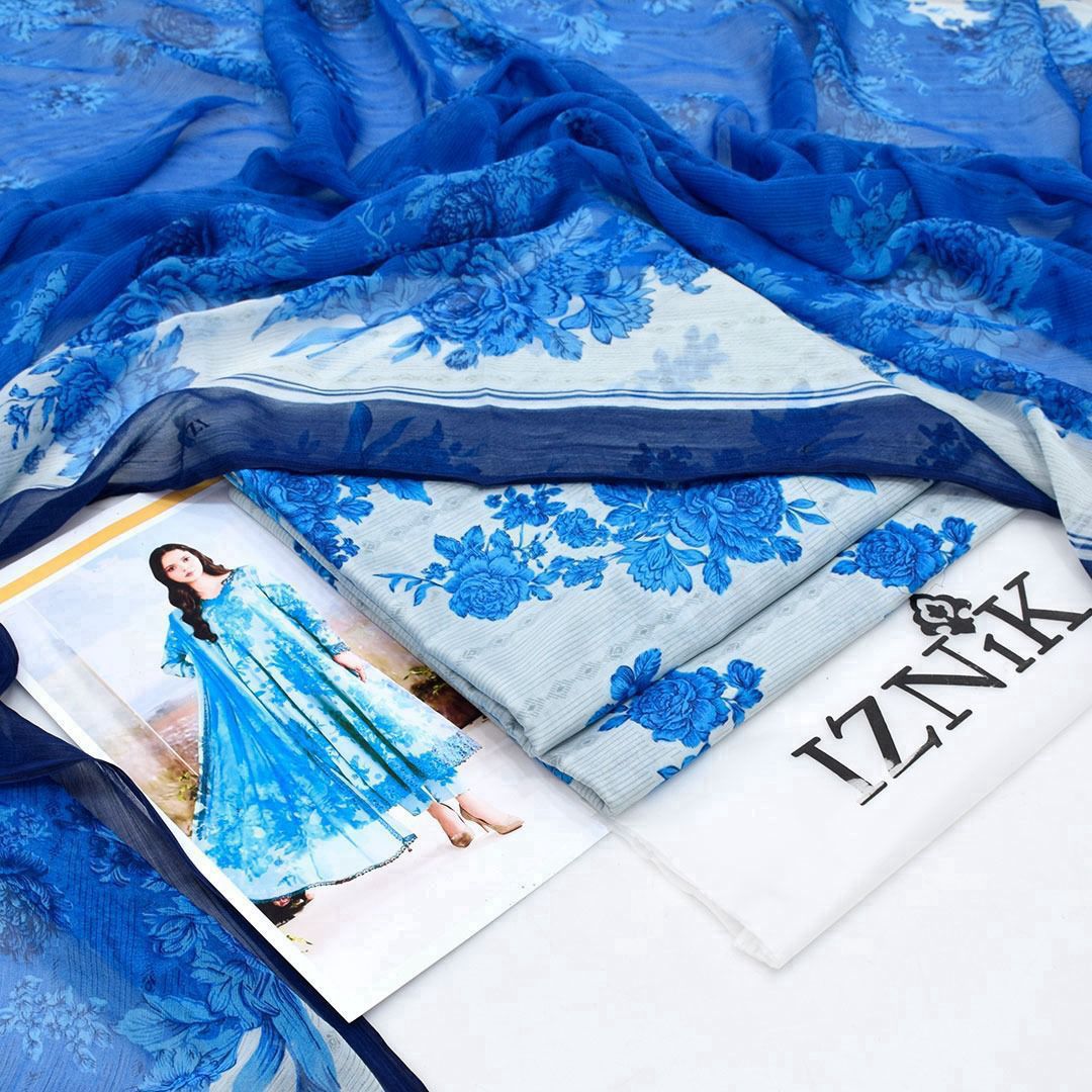 White and blue flowers suit | Iznik Premium Lawn Suit 3pc