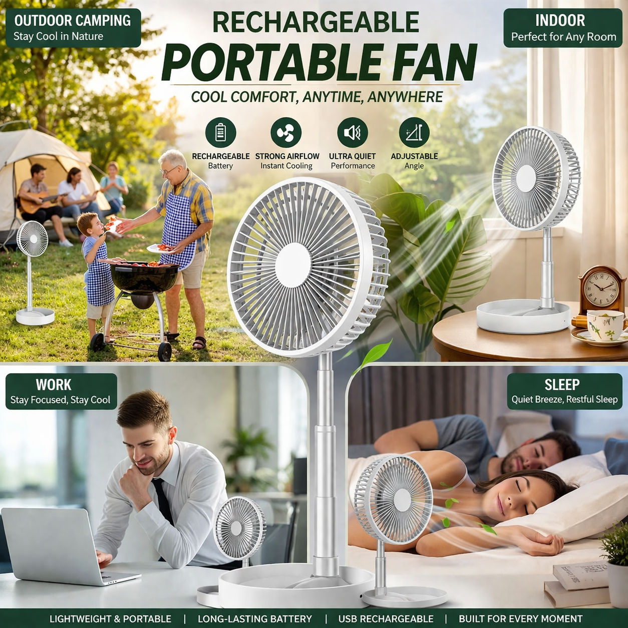Rechargeable Portable Desk Fan – Adjustable Mini Cooling Fan with Strong Airflow & Quiet Operation (USB Powered)