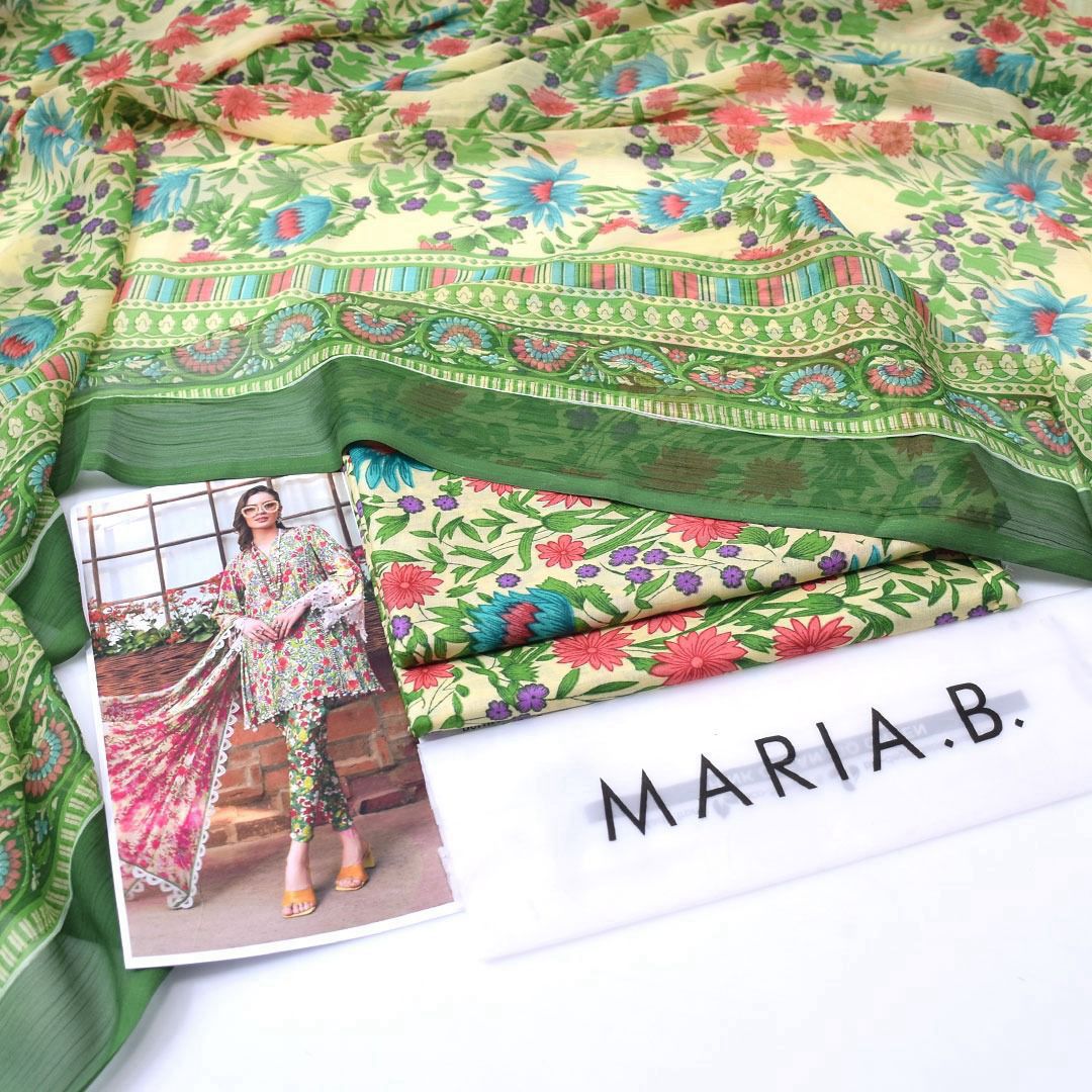 Light green with pink flowers | Premium Lawn Suit 3pc | Maria.B