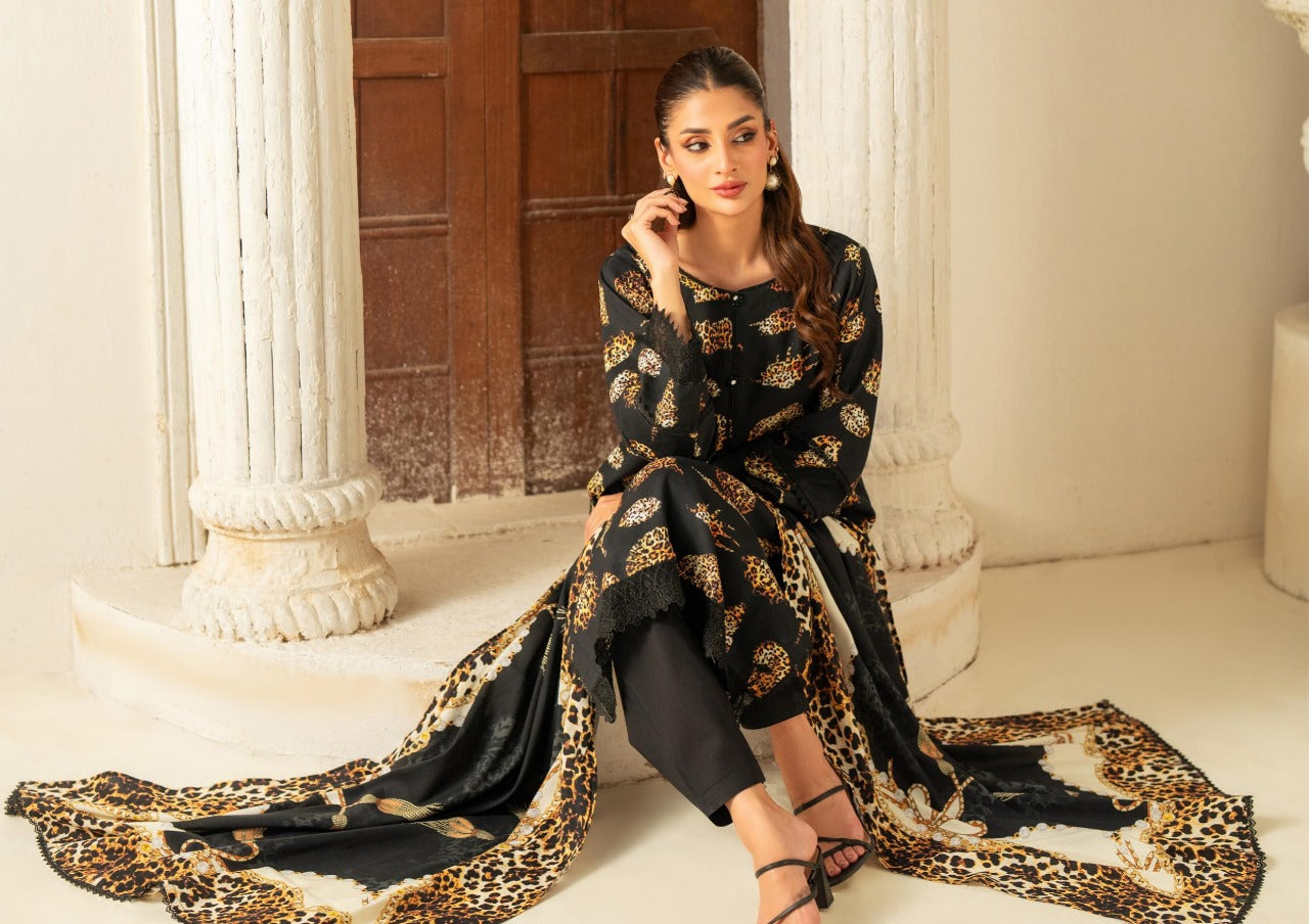 Leopard printed 3pcs linen suit | Black and dull golden | Salina Collection
