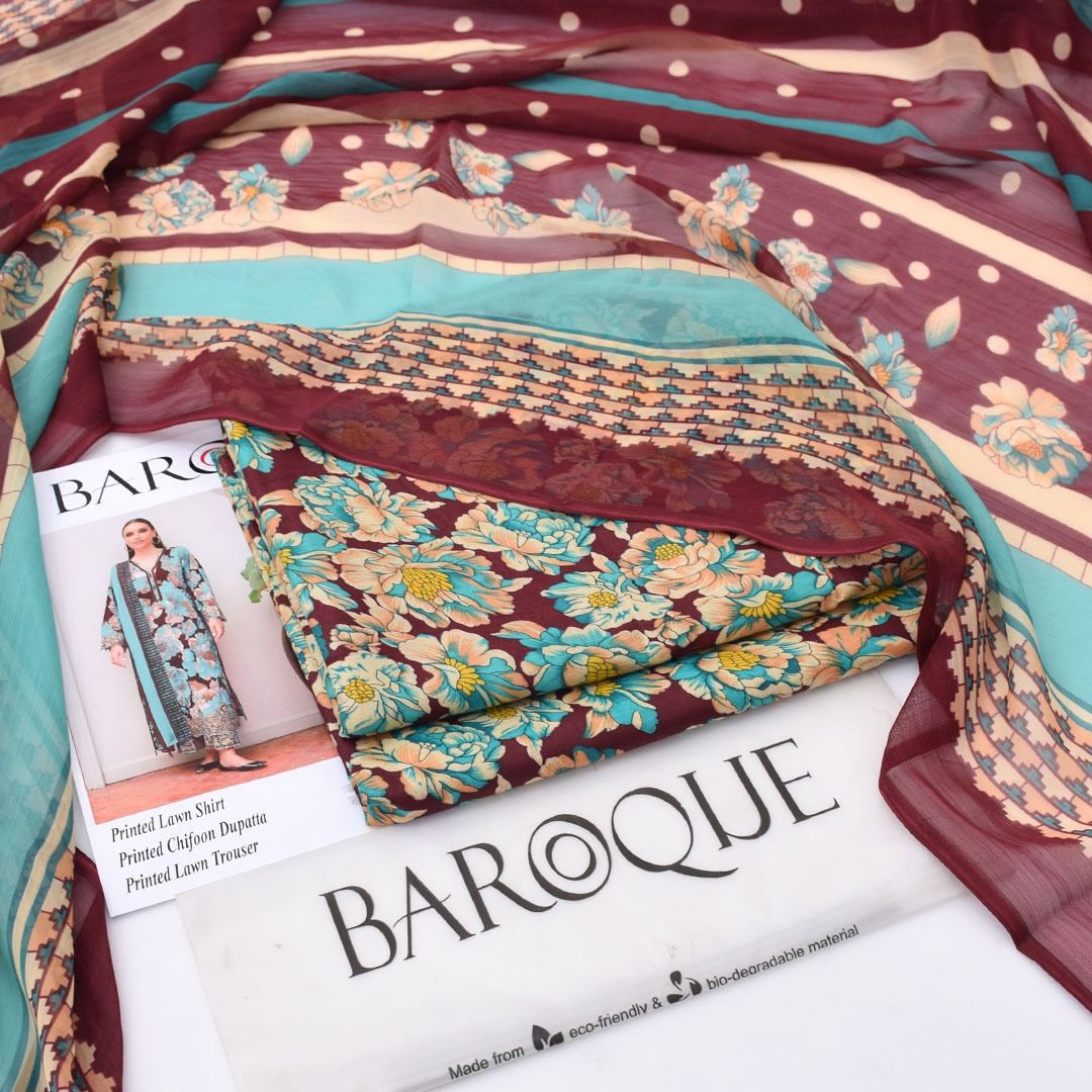 Skyblue with maroon touchup | Baroque Premium Lawn Suit 3pc
