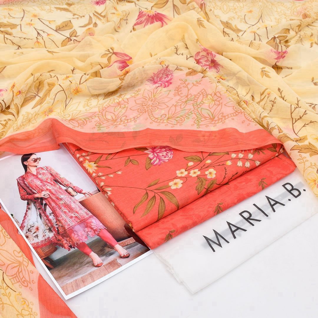 Peach and floral | Premium Lawn Suit 3pc -Maria.B