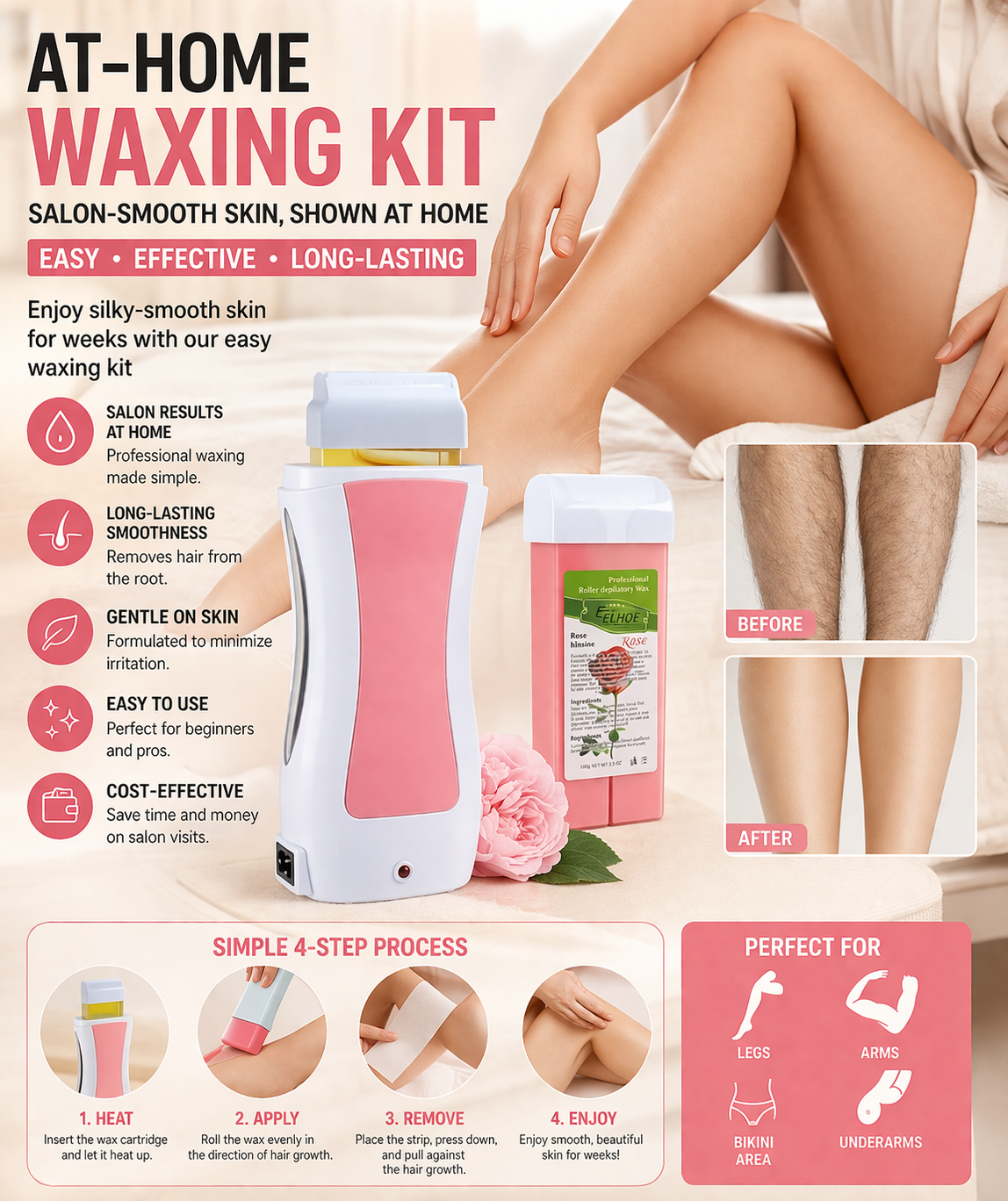 Professional Roll-On Wax Heater Kit – Portable Electric Depilatory Waxing System for Smooth Skin, Includes Wax Cartridge & Fast-Heating Base